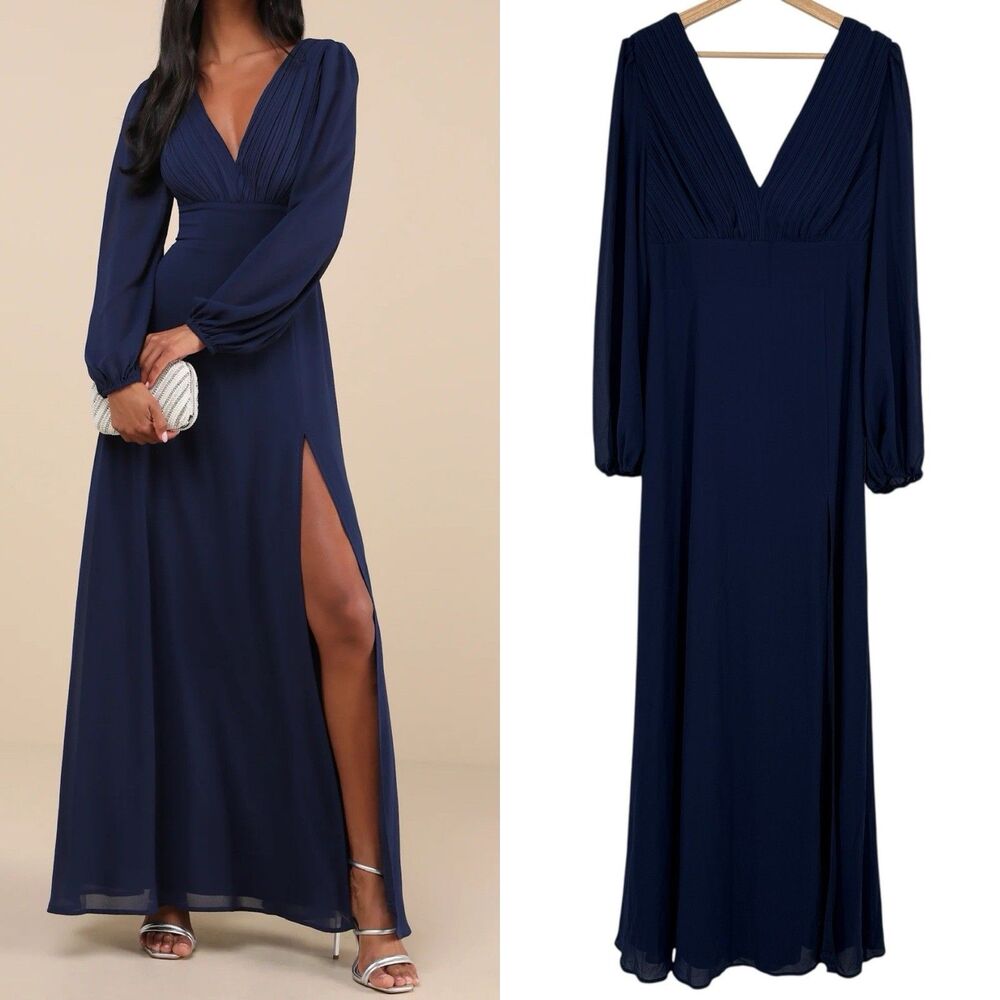 Lulus Pleated Lace Up Maxi Dress Size XL Wedding Glam Marvelous Affair Navy Blue